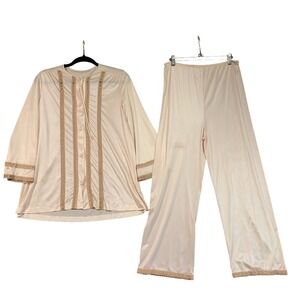 Vintage 70s 80s Pajama Set Women's Medium Lace Trim Long Sleeve With Pants Satin